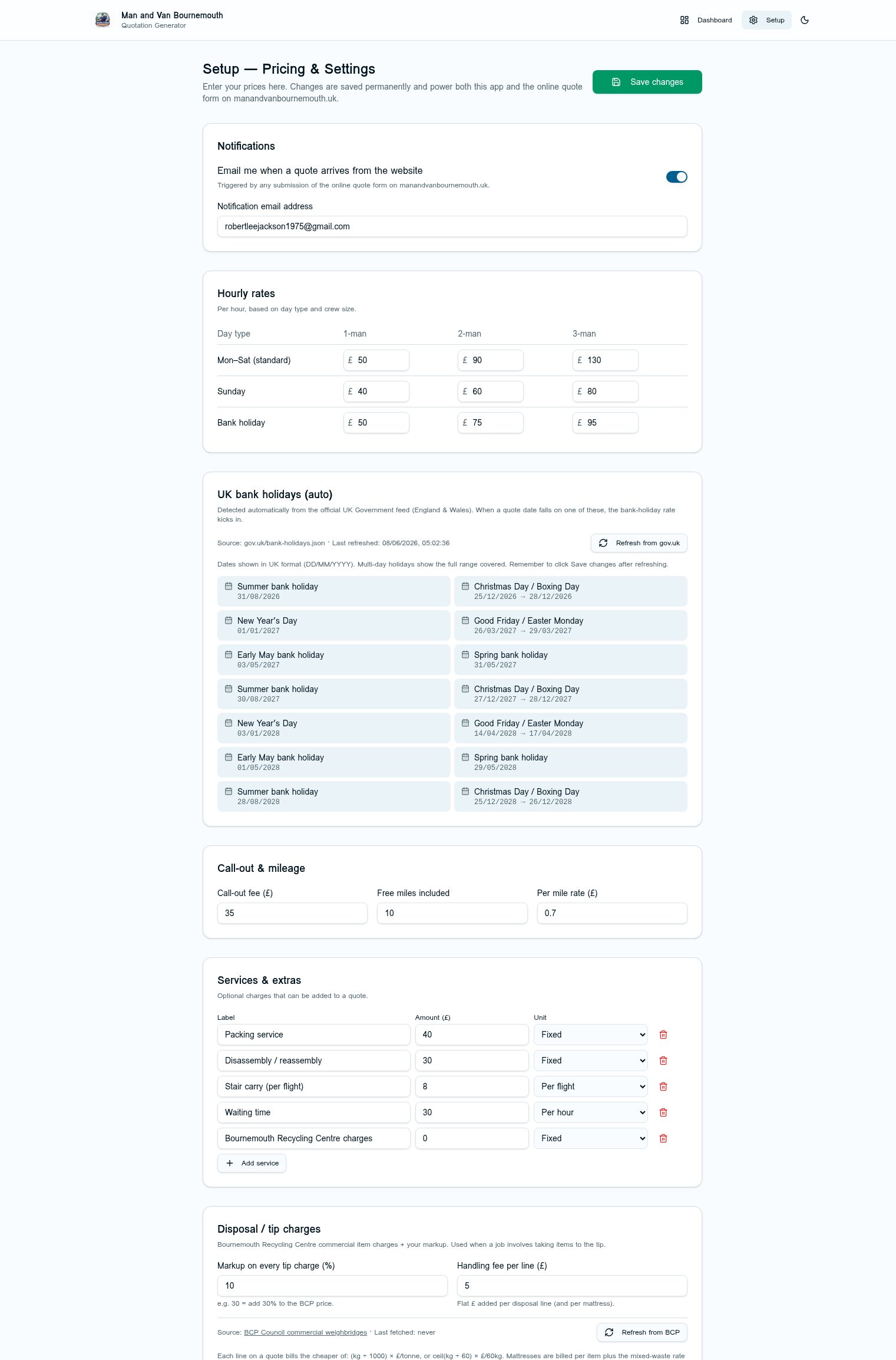 Setup page with hourly rates, bank holidays and services