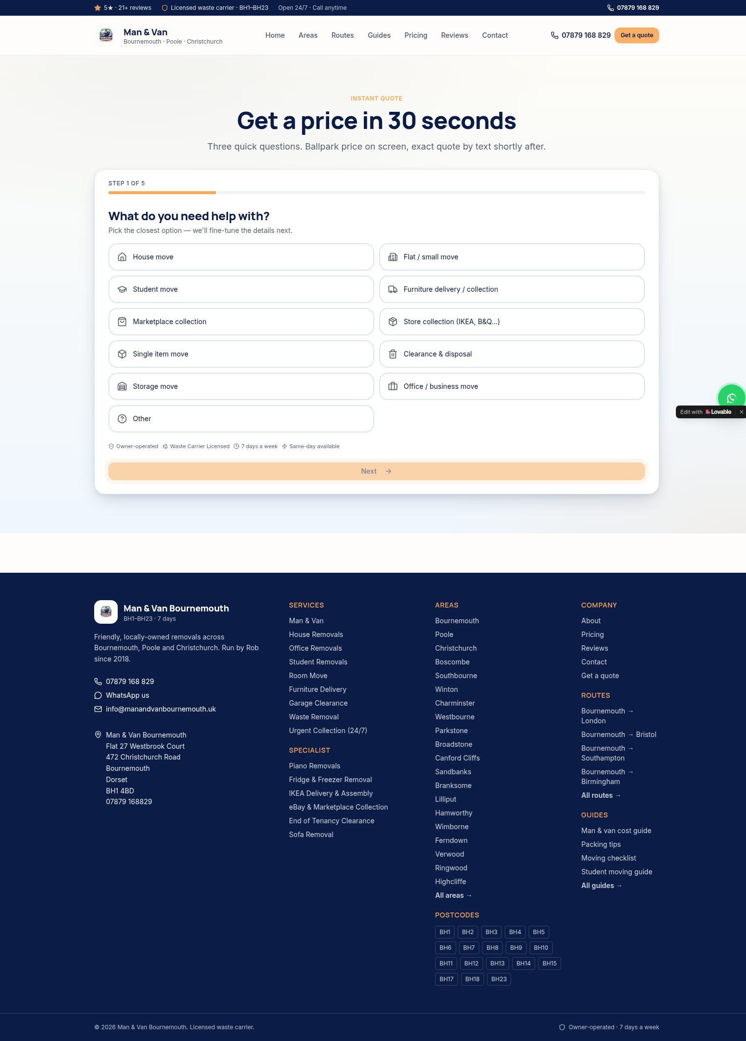 Man and Van Bournemouth online quote form — step 1 of 5