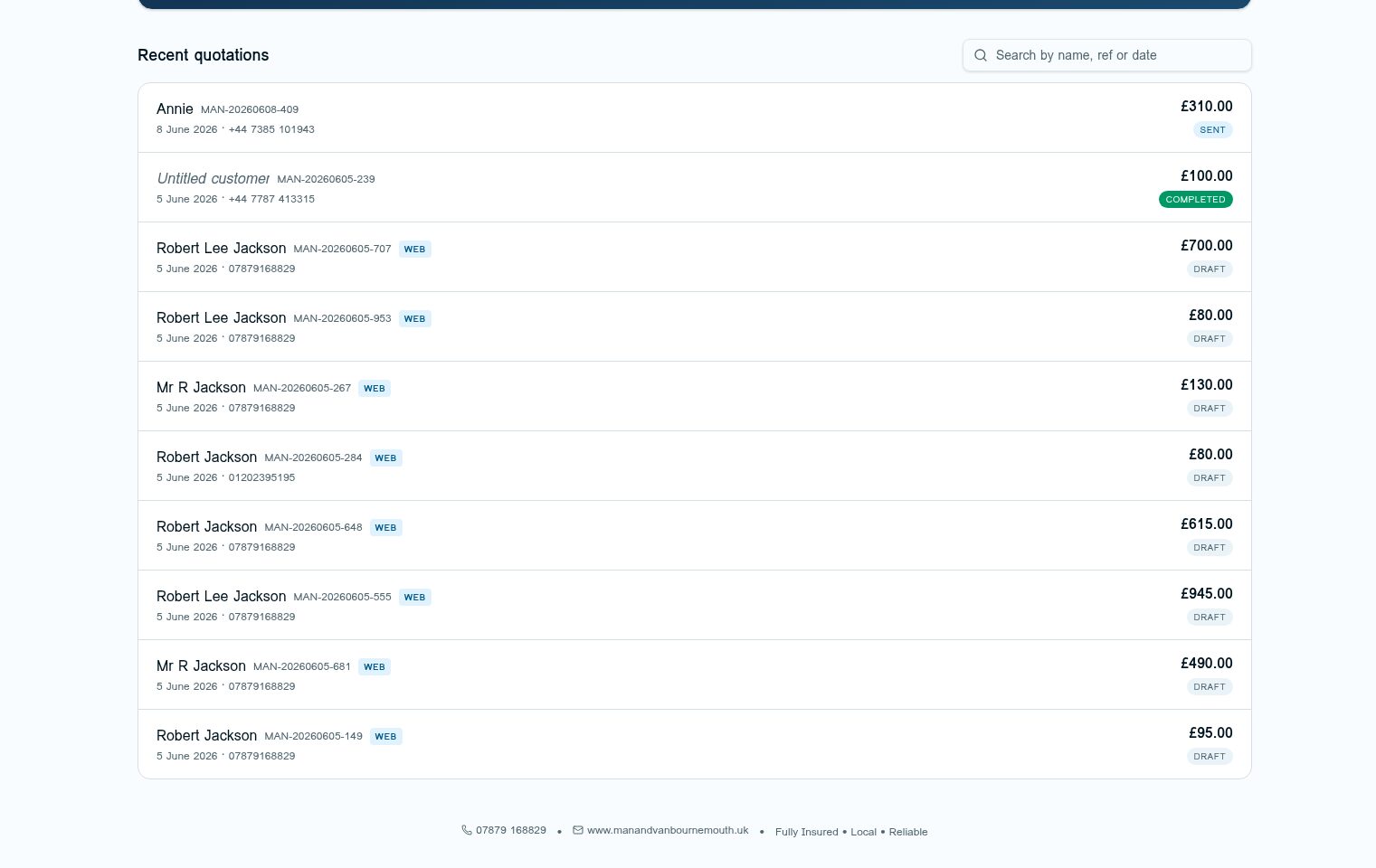 Recent quotations dashboard with statuses