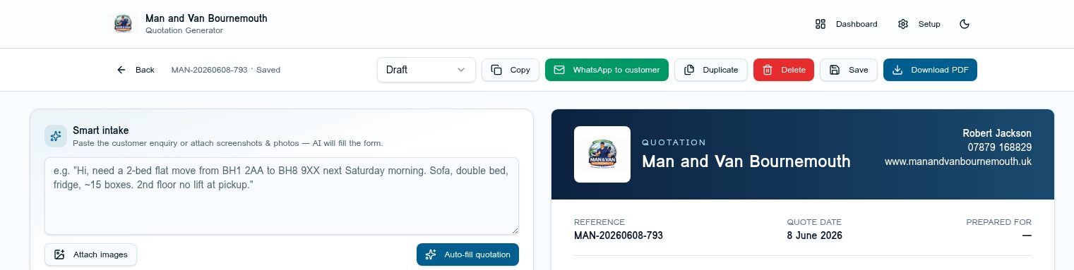 AI Smart Intake panel inside the quotation app