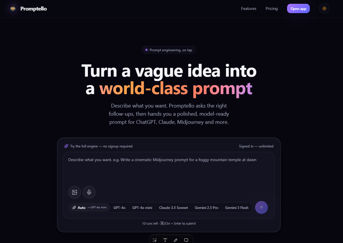 Promptello landing page — dark violet aurora hero with intent capture textarea and multi-model selector.