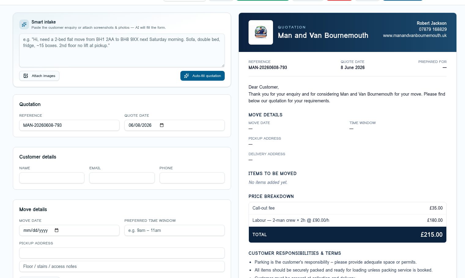 Quotation builder with live PDF preview
