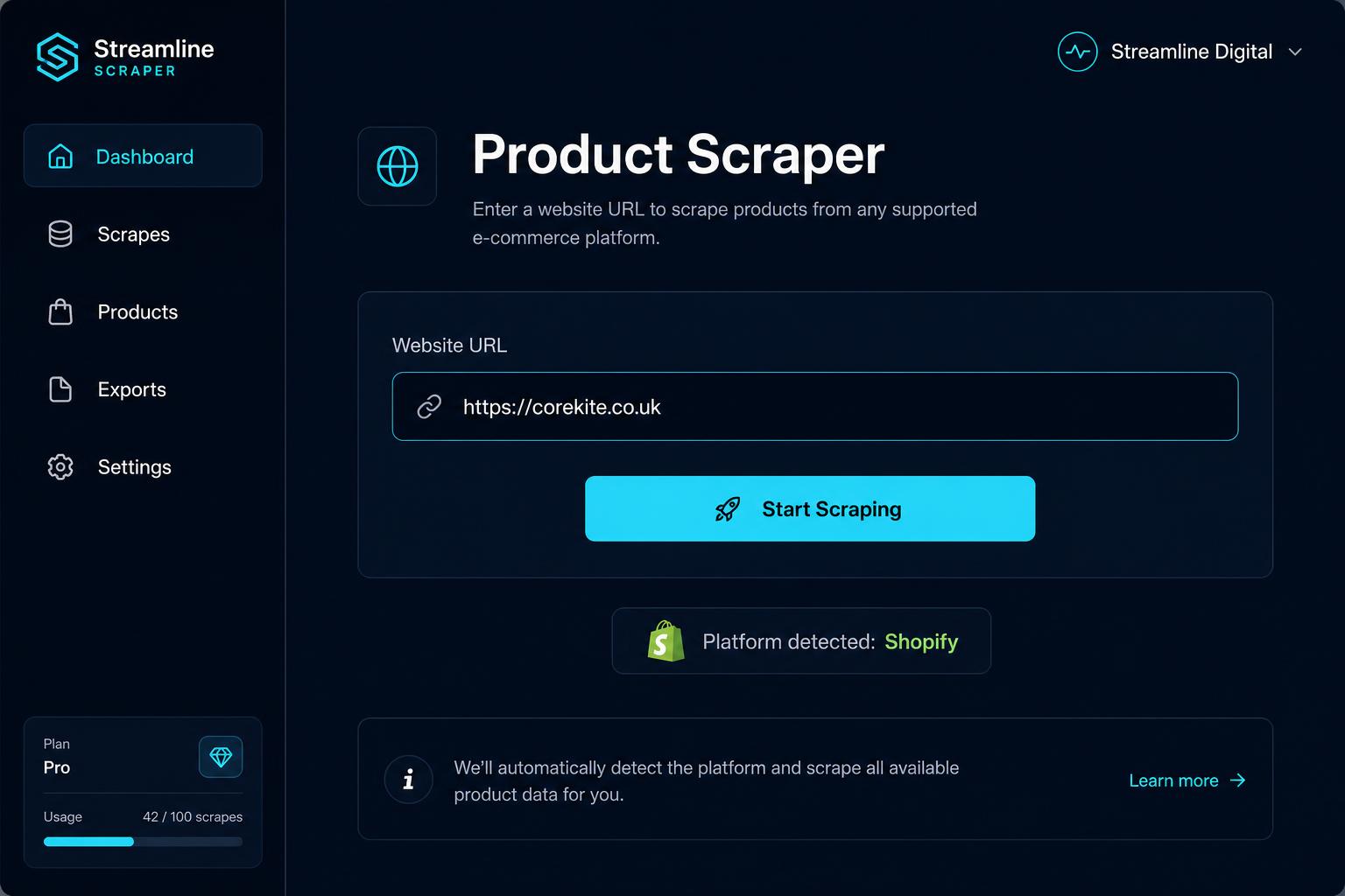 Product Scraper home screen — enter store URLs and auto-detect platform
