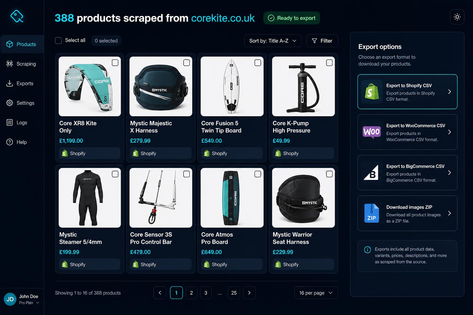 Scraped product cards showing 388 products from corekite.co.uk